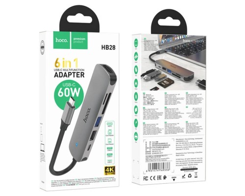 USB-хаб HOCO HB28 Type-C multi-function converter(HDTV+USB3.0+USB2.0+SD+TF+PD) Metal Gray (6931474769336) 