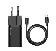 Мережевий зарядний пристрій Baseus Super Si Quick Charger 1C 25W EU Sets Black（With Mini White Cable Type-C to Type-C 3A 1m Black） (TZCCSUP-L01)