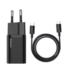 Мережевий зарядний пристрій з кабелем Baseus Super Si Quick Charger 1C 25W EU Sets Black（With Mini White Cable C to C 3A 1m Black） (TZCCSUP-L01)