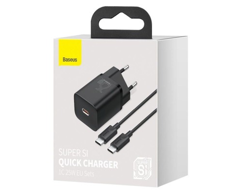Мережевий зарядний пристрій Baseus Super Si Quick Charger 1C 25W EU Sets Black(With Mini White Cable Type-C to Type-C 3A 1m Black) (TZCCSUP-L01) Мережевий зарядний пристрій Baseus Super Si Quick Charger 1C 25W EU Sets Black(With Mini White Cable Type-C to Type-C 3A 1m Black) (TZCCSUP-L01)