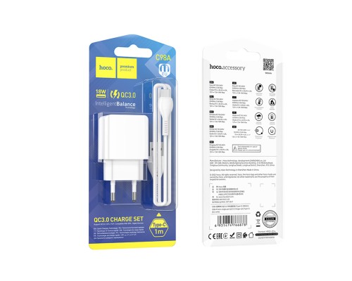 Мережевий зарядний пристрій HOCO C98A Proton single port QC3.0 charger set(Type-C) White (6931474766878) Мережевий зарядний пристрій HOCO C98A Proton single port QC3.0 charger set(Type-C) White (6931474766878)