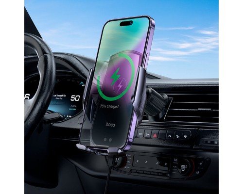 Тримач для мобiльного з БЗП HOCO CA202 Plus Enlightener infrared induction wireless charging car holder(air outlet) Black metal gray (6942007623469)