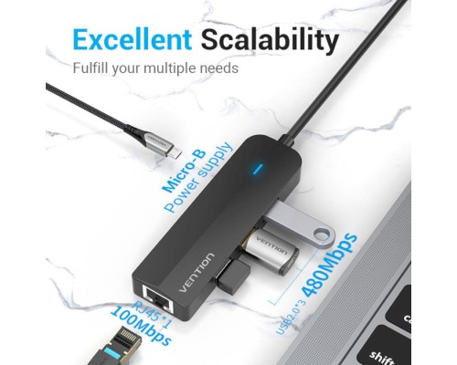 USB-хаб Vention USB-C to USB 2.0*3/RJ45/Micro-B HUB 0.15M Black ABS Type (TGOBB) USB-хаб Vention USB-C to USB 2.0*3/RJ45/Micro-B HUB 0.15M Black ABS Type (TGOBB)