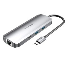 USB-хаб Vention Multi-function USB-C to HDMI/USB-C Gen 1/USB3.0x2/RJ45/SD/TF/TRRS 3.5mm/PD Docking Station 0.15M Gray Aluminum (TOMHB) 