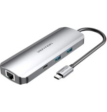 USB-хаб Vention Multi-function USB-C to HDMI/USB-C Gen 1/USB3.0x2/RJ45/SD/TF/TRRS 3.5mm/PD Docking Station 0.15M Gray Aluminum (TOMHB)