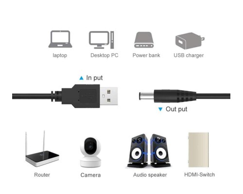 Кабель перетворювач USB-DC 5v-9v (1m) (USBDC59) Кабель перетворювач USB-DC 5v-9v (1m) (USBDC59)