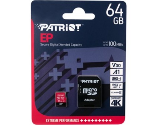 microSDXC (UHS-1 U3) Patriot EP Series 64Gb class 10 V30 (R-100MB/s, W-80MB/s) (adapter SD) (PEF64GEP31MCX) microSDXC (UHS-1 U3) Patriot EP Series 64Gb class 10 V30 (R-100MB/s, W-80MB/s) (adapter SD) (PEF64GEP31MCX)
