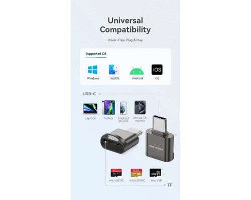 Картрідер Vention USB 2.0 Type-C MicroSD Card Reader Gray Zinc Alloy Type (CLMH0) Картрідер Vention USB 2.0 Type-C MicroSD Card Reader Gray Zinc Alloy Type (CLMH0)