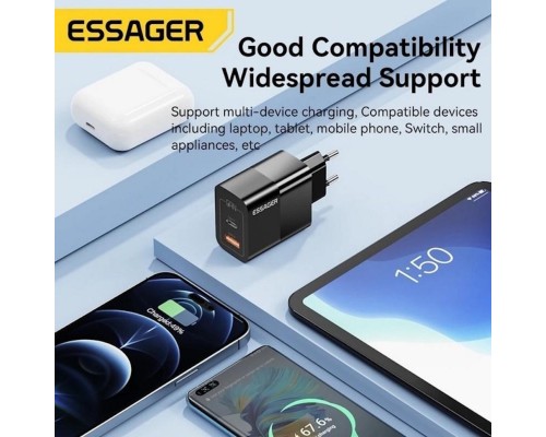 Мережевий зарядний пристрій ESSAGER ECT33W Gan 1USB 1T-C 33W black (ECT33W-LJB01-Z) Мережевий зарядний пристрій ESSAGER ECT33W Gan 1USB 1T-C 33W black (ECT33W-LJB01-Z)
