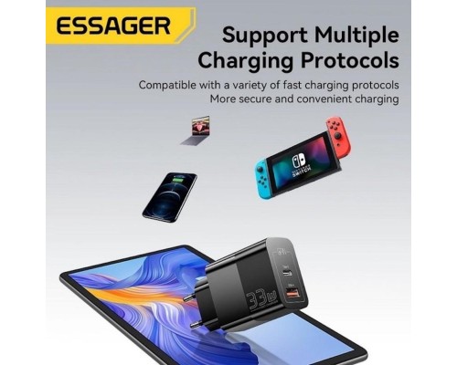 Мережевий зарядний пристрій ESSAGER ECT33W Gan 1USB 1T-C 33W black (ECT33W-LJB01-Z) Мережевий зарядний пристрій ESSAGER ECT33W Gan 1USB 1T-C 33W black (ECT33W-LJB01-Z)