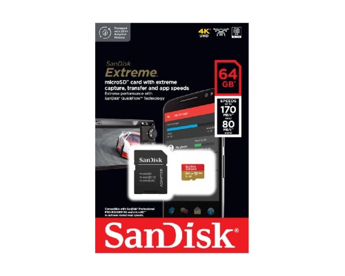 microSDXC (UHS-1 U3) SanDisk Extreme A2 64Gb class 10 V30 (R170MB/s,W80MB/s) (adapter SD) (SDSQXAH-064G-GN6MA) microSDXC (UHS-1 U3) SanDisk Extreme A2 64Gb class 10 V30 (R170MB/s,W80MB/s) (adapter SD) (SDSQXAH-064G-GN6MA)