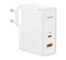 Мережевий зарядний пристрій Baseus GaN5 Pro Fast Charger C+U 100W EU White (With Mini White Cable Type-C to Type-C 100W(20V/5A) 1m White） (CCGP090202)