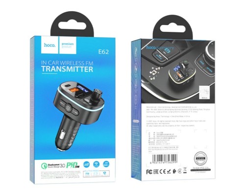 АЗП з FM-модулятором HOCO E62 Fast PD20W+QC3.0 car BT FM transmitter Black (6931474756299) АЗП з FM-модулятором HOCO E62 Fast PD20W+QC3.0 car BT FM transmitter Black (6931474756299)