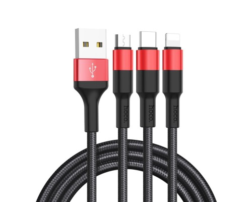 Кабель HOCO X26 Xpress one pull three charging cable iP+Micro+Type-C Black+Red (6957531080282)