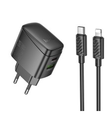 Мережевий зарядний пристрій з кабелем HOCO CS61A Bright PD30W+QC3.0 charger set (C to iP)(EU) Black (6942007638432)