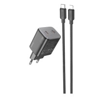 Мережевий зарядний пристрій HOCO N42 Elogiado dual-port PD45W(2C) charger set(C to iP) Black (6942007617109)
