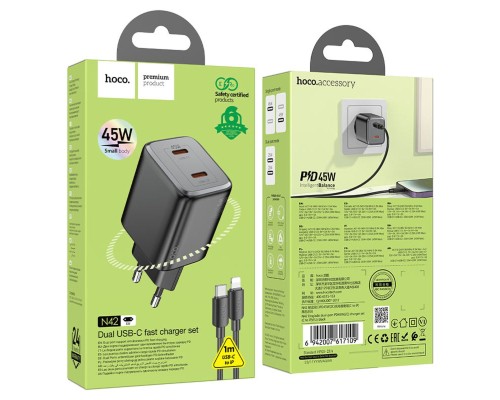Мережевий зарядний пристрій HOCO N42 Elogiado dual-port PD45W(2C) charger set(C to iP) Black (6942007617109) Мережевий зарядний пристрій HOCO N42 Elogiado dual-port PD45W(2C) charger set(C to iP) Black (6942007617109)