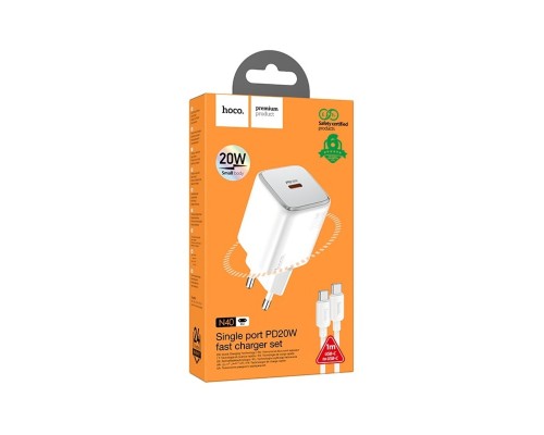 Мережевий зарядний пристрій HOCO N40 Mighty single port PD20W charger set(Type-C to Type-C) White (6942007617017) Мережевий зарядний пристрій HOCO N40 Mighty single port PD20W charger set(Type-C to Type-C) White (6942007617017)