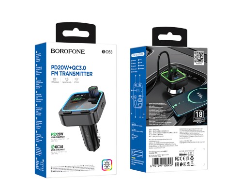 АЗП з FM-модулятором BOROFONE BC53 Highway PD20W+QC3.0 car BT FM transmitter 18W Black (6941991108457) АЗП з FM-модулятором BOROFONE BC53 Highway PD20W+QC3.0 car BT FM transmitter 18W Black (6941991108457)