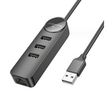 Адаптер Borofone DH6 Erudite 4-in-1 100 Mbps Ethernet Adapter(USB to USB2.0*3+RJ45)(L=1.2M) Black (6941991104275) 