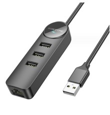 USB-хаб Borofone DH6 Erudite 4-in-1 100 Mbps Ethernet Adapter(USB to USB2.0*3+RJ45)(L=1.2M) Black (6941991104275)