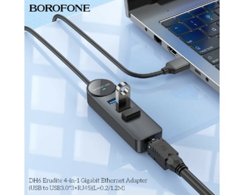 Адаптер Borofone DH6 Erudite 4-in-1 100 Mbps Ethernet Adapter(USB to USB2.0*3+RJ45)(L=1.2M) Black (6941991104275) Адаптер Borofone DH6 Erudite 4-in-1 100 Mbps Ethernet Adapter(USB to USB2.0*3+RJ45)(L=1.2M) Black (6941991104275)