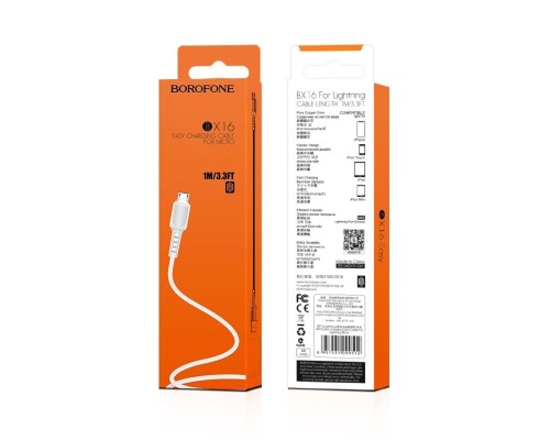 Кабель BOROFONE BX16 USB to Micro 2A, 1m, PVC, TPE connectors, White (6957531099482)
