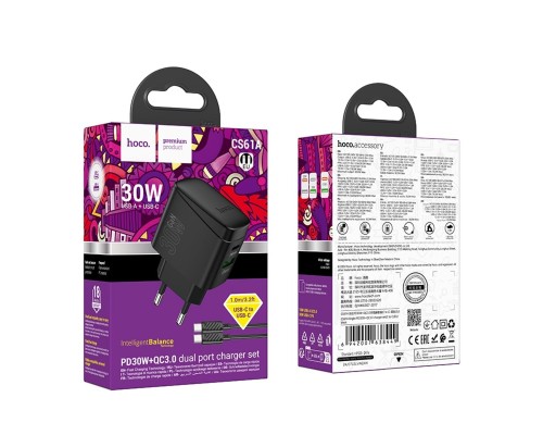 Мережевий зарядний пристрій з кабелем HOCO CS61A Bright PD30W+QC3.0 charger set (C to C)(EU) Black (6942007638449) Мережевий зарядний пристрій з кабелем HOCO CS61A Bright PD30W+QC3.0 charger set (C to C)(EU) Black (6942007638449)