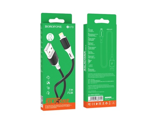 Кабель BOROFONE BX79 USB to iP 2.4A, 1m, silicone, silicone connectors, Black (6974443384741)