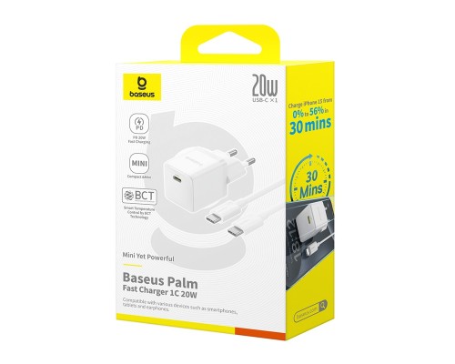 Мережевий зарядний пристрій Baseus Palm Fast Charger 1C 20W EU Moon White (with Baseus Mini White Cable USB-C to USB-C 60W (20V/3A) 1m Moon White) (P10111602213-01)