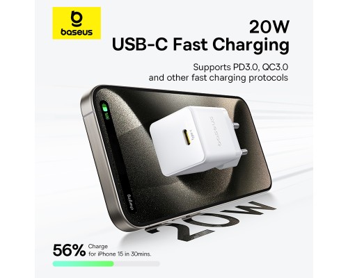 Мережевий зарядний пристрій Baseus Palm Fast Charger 1C 20W EU Moon White (with Baseus Mini White Cable USB-C to USB-C 60W (20V/3A) 1m Moon White) (P10111602213-01)