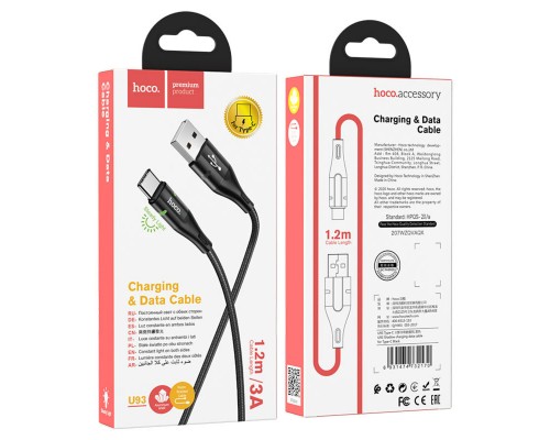 Кабель HOCO U93 USB to Type-C 3A, 1.2m, nylon, aluminum connectors, light indicator, Black (6931474732170) Кабель HOCO U93 USB to Type-C 3A, 1.2m, nylon, aluminum connectors, light indicator, Black (6931474732170)