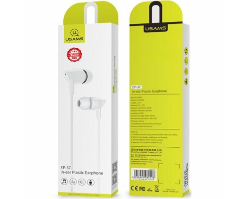 Навушники Usams EP-37 In-ear Plastic Earphone 1.2M White (HSEP3702) Навушники Usams EP-37 In-ear Plastic Earphone 1.2M White (HSEP3702)