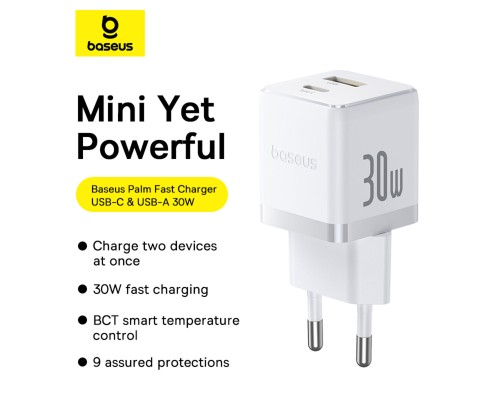 Мережевий зарядний пристрій Baseus Palm Fast Charger C+U 30W EU Moon White (with Baseus Mini White Cable USB-C to USB-C 60W (20V/3A) 1m Moon White) (P1011160A213-01) Мережевий зарядний пристрій Baseus Palm Fast Charger C+U 30W EU Moon White (with Baseus Mini White Cable USB-C to USB-C 60W (20V/3A) 1m Moon White) (P1011160A213-01)