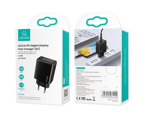 Мережевий зарядний пристрій Usams US-CC133 T40 18W QC3.0+PD Digital Display Fast Charger (EU) Black (CC133TC01) Мережевий зарядний пристрій Usams US-CC133 T40 18W QC3.0+PD Digital Display Fast Charger (EU) Black (CC133TC01)
