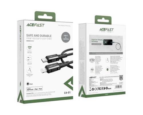 Кабель ACEFAST C4-01 Type-C to iP 3A, 30W, 1.8m, nylon, zinc connectors, Black (6974316281306)