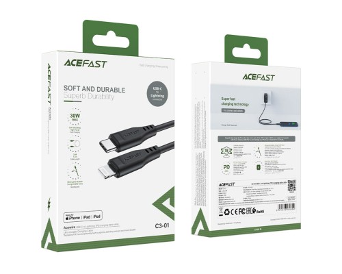 Кабель ACEFAST C3-01 Type-C to iP 3A, 30W, TPE, TPE connectors, Black (6974316280804) Кабель ACEFAST C3-01 Type-C to iP 3A, 30W, TPE, TPE connectors, Black (6974316280804)