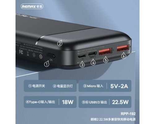 Зовнішній акумулятор REMAX Lango II Series QC 22.5W + PD 18W Multi-compatible Fast Charging  Power Bank 20000mAh RPP-192 Black (RPP-192 Black) 