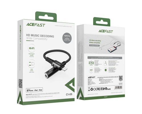 Кабель-перехiдник ACEFAST C1-05 Lightning to 3.5mm aluminum alloy headphones adapter cable Black (6974316280569)