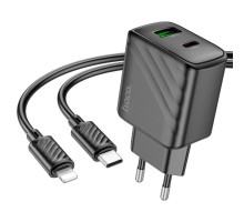 Мережевий зарядний пристрій HOCO CS23A Sunlight dual-port PD30W+QC3.0 charger set (C to iP)(EU) Black (6942007609951)