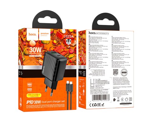 Мережевий зарядний пристрій HOCO CS23A Sunlight dual-port PD30W+QC3.0 charger set(Type-C to Type-C)(EU) Black (6942007609968) Мережевий зарядний пристрій HOCO CS23A Sunlight dual-port PD30W+QC3.0 charger set(Type-C to Type-C)(EU) Black (6942007609968)