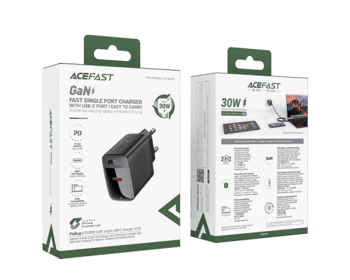 Зарядний пристрій Acefast 2xUSB 30W (USB-C+USB-A) Gan A98 Black (6974316283263)