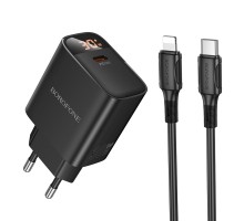 Мережевий зарядний пристрій BOROFONE BA97A Ilustre single-port PD30W charger with digital display set (C to iP) (EU) Black (6941991120497)