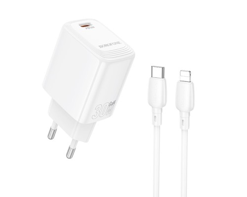 Мережевий зарядний пристрій з кабелем BOROFONE BN28 Fuente single port PD30W charger set (C to iP) (EU) White (6941991120305) Мережевий зарядний пристрій з кабелем BOROFONE BN28 Fuente single port PD30W charger set (C to iP) (EU) White (6941991120305)