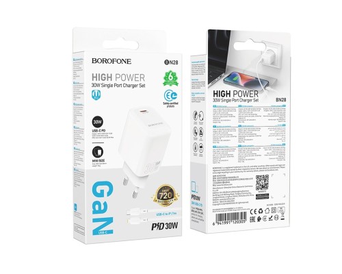 Мережевий зарядний пристрій з кабелем BOROFONE BN28 Fuente single port PD30W charger set (C to iP) (EU) White (6941991120305) Мережевий зарядний пристрій з кабелем BOROFONE BN28 Fuente single port PD30W charger set (C to iP) (EU) White (6941991120305)
