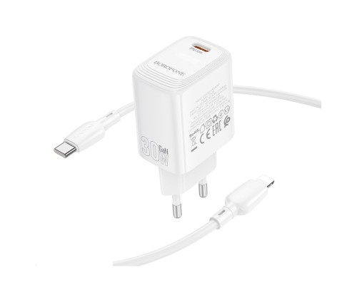 Мережевий зарядний пристрій з кабелем BOROFONE BN28 Fuente single port PD30W charger set (C to iP) (EU) White (6941991120305) Мережевий зарядний пристрій з кабелем BOROFONE BN28 Fuente single port PD30W charger set (C to iP) (EU) White (6941991120305)