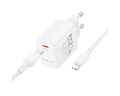 Мережевий зарядний пристрій з кабелем BOROFONE BN28 Fuente single port PD30W charger set (C to iP) (EU) White (6941991120305) Мережевий зарядний пристрій з кабелем BOROFONE BN28 Fuente single port PD30W charger set (C to iP) (EU) White (6941991120305)