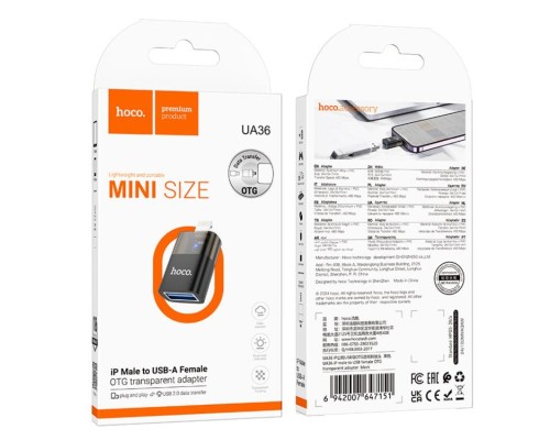 Перехідник HOCO UA36 iP male to USB female OTG transparent adapter Black (6942007647151) Перехідник HOCO UA36 iP male to USB female OTG transparent adapter Black (6942007647151)