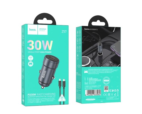 Автомобільний зарядний пристрій HOCO Z57 Glorious single-port PD30W car charger set (C to iP) Metal Gray (6942007633062) Автомобільний зарядний пристрій HOCO Z57 Glorious single-port PD30W car charger set (C to iP) Metal Gray (6942007633062)