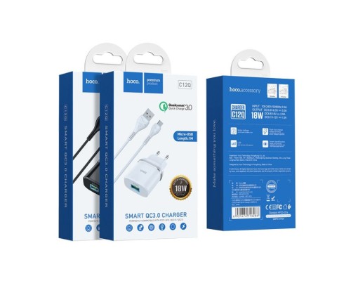 Зарядний пристрій HOCO C12Q Smart QC3.0 charger set(Micro) White (6931474716286)